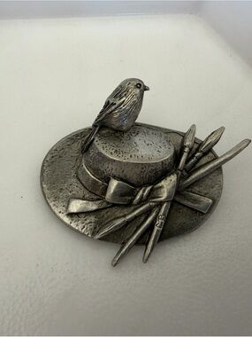 Vintage Marjolein Bastin Pewter Bird on Hat Brooch w/ Paintbrushes